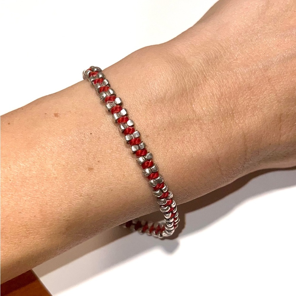 Elegant Red Cord and Silver Bead Bracelet 7”